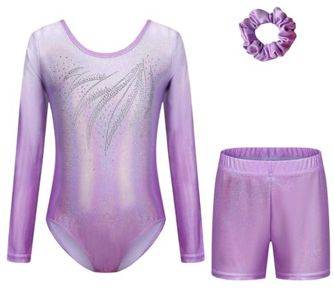 Cucudy Gymnastics Leotards Girls Dancing Set - with Shorts and Headband Sparkling Gradient Color Ballet Gymnastics Outfit for 5-12 Years Girls Unitards Gift (PURPLE LONG SLEEVE, TAG 6A(5-6 YEARS))