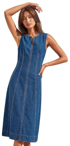 Roman Originals Denim Dress for Women UK - Ladies Jean Tunic Shift Cotton Panneled Midi A-Line Linen Smock Casual Knee Length Sleeveless Summer Straight Dresses