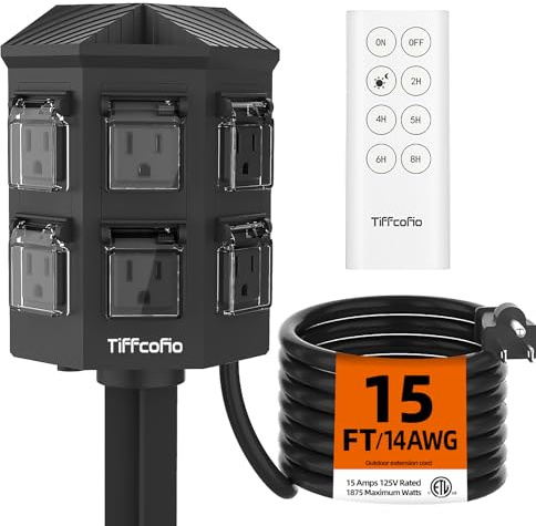 Outdoor Power Strip with 15 FT Extension Cord, 100FT Remote Control, Dusk to Dawn Light Timer Waterproof, 6 Grounded Outlets for Yard, Pool and Garden, ETL Listed