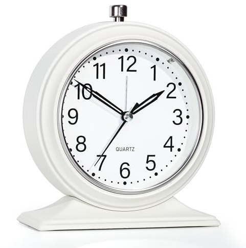 AYRELY® 4 Inch Small Analogue Alarm Clock – Silent Battery Operated Vintage Desk Clock with Night Light, Metal Table Clock for Home, Bedroom, Shelf (White)