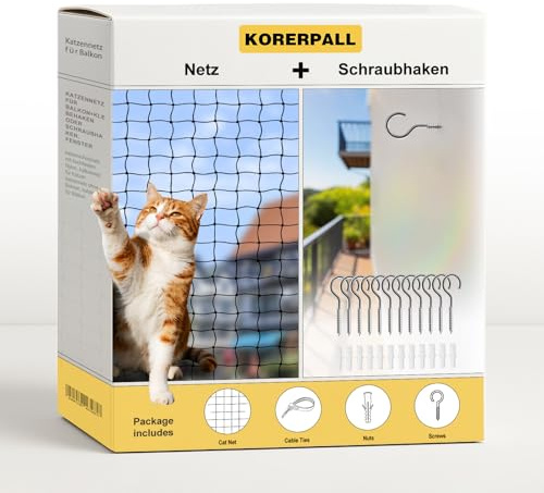 Katzennetz für Balkon+klebehaken oder Schraubhaken, Fenster katzenschutznetz mit hochfestem Nylon, balkonnetz für Katzen katzennetz ohne Bohren, katzennetz für Balkon (6x3m,Netz+Schraubhaken)