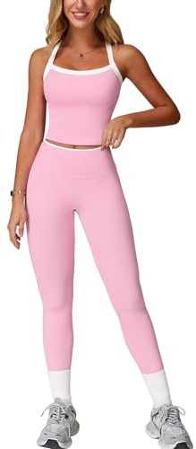 IMEKIS Conjunto de gimnasio de dos piezas para mujer, traje de yoga, espalda con tirantes, camiseta deportiva y leggings de cintura alta, ropa deportiva, ropa deportiva, entrenamiento, Rosa., S