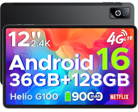 DOOGEE Tab G6 Pro Android 16 Tablet 12 Zoll 90Hz 2,4K 36GB RAM+128GB ROM/TF 2TB, Helio G100 Octa-Core, Gemini AI Tablet mit Sim Card Slot, 4G LTE+5G WIFI/9000mAh/13MP+8MP/OTG/Face ID/Dual-Lautsprecher