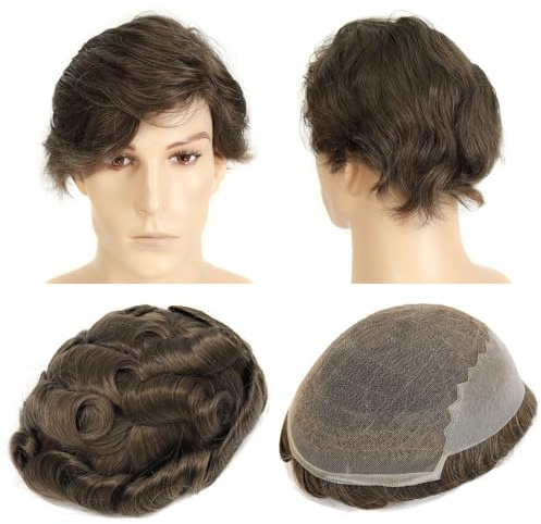 Topunique Swiss Lace Front with Thin Skin Back and Side Toupee Hair for Men, #6 Light Brown 8x10 Inch 130% Density Remy Human Hair System