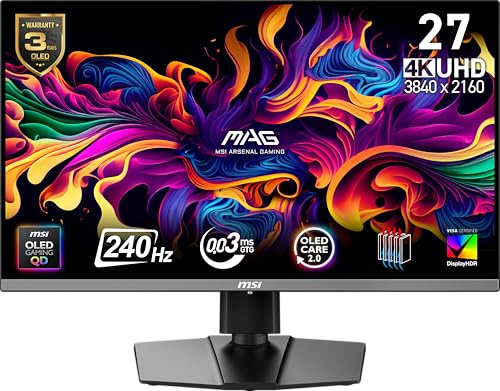 msi MAG 272UP QD-OLED X24 27-Inch 4K UHD Gaming Monitor, 3840 x 2160, Quantum Dot OLED Panel, 240Hz, 0.03ms, DisplayHDR True Black 400, AMD FreeSync⢠Premium Pro, USB C (15W PD), Frame-Less, Black