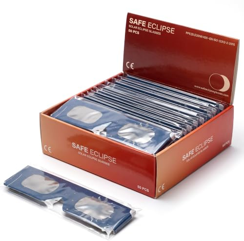 SAFE ECLIPSE 2/6/12/50-pack, solförmörkelseglasögon, 45 mm båghöjd, passar över glasögon med styrka, testade enligt EN ISO 12312-2:2015, CE-märkta för säker direkt solobservation – Astro
