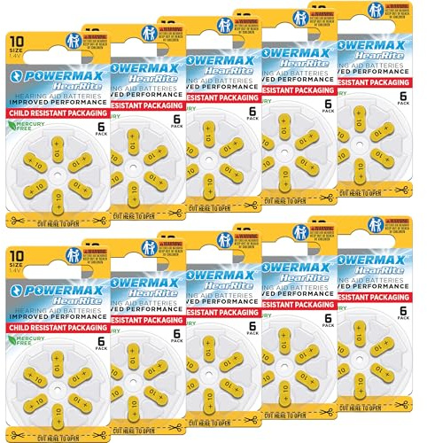 Powermax Size 10 Hearing Aid Batteries, 60 Count Long-Lasting Battery Pack, Yellow Long Tab for Easy Change