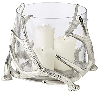 EDZARD Windlicht Kingston, Höhe 20 cm, Durchmesser 25 cm, Hirschgeweih Design, Aluminium vernickelt, silberfarben, mit abnehmbarem Glas ohne Boden