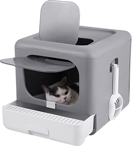 BingoPaw Katzenklo mit Deckel XXL Katzentoilette Faltbare Haustiertoilette inklusive Fronttür, Bodenschale und Streuschaufel, geruchsfrei 43x40.5x37.5cm (Grau)