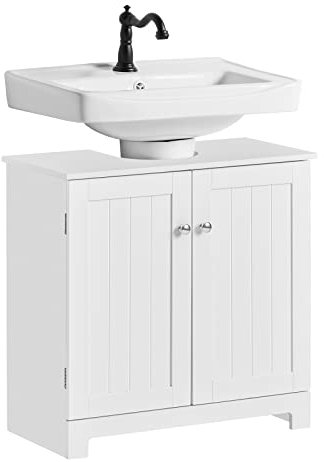 SoBuy Meuble de rangement sous évier avec 2 portes, petit lavabo, armoire de salle de bain, armoire de toilette, BZR18-II-W