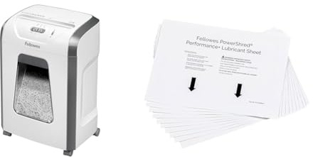 Fellowes Distruggi documenti a frammento FS-12C, 12 fogli, cestino da 19 litri + Fogli oliati lubrificanti per distruggidocumenti, bianchi, confezione da 10 fogli