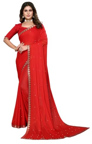 Generic Aashita Creations Sari en Lycra mélangé pour femme, Rouge, taille unique