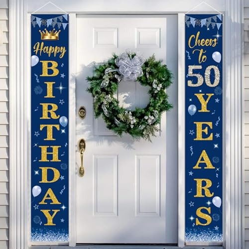 POPOYU Bannière Deco Joyeux 50 Ans Anniversaire Hommes Femmes,Or Bleu Decoration Anniversaire 50 Ans Maison,Fournitures de Fête Anniversaire 50 Anniversaire Porte Signe Bannière(30x500cm,2PCS)