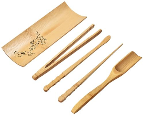 GNAUMORE Fouet Bambou Thé Matcha,Cuillère à Matcha en Bambou à Bords Lisses,Cuillères à Thé en Bambou,Matcha Cuillère en Bambou,Cuillere Matcha,Fouet à Matcha et Cuillières 5PC