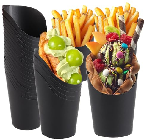 YAYODS 100 vasos de papel de estraza negro – 14 oz bolsas de patatas fritas con boca inclinada – 410 ml vasos de papel para aperitivos – bolsas de papel para patatas fritas – bolsas de cartón para