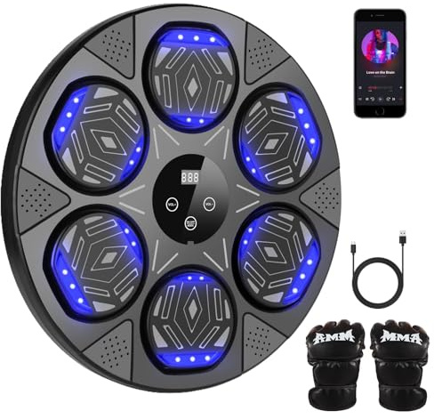 Veathzet, macchina per boxe con musica, macchina per boxe a parete, smart bluetooth trainer da boxe con luce LED bluetooth, 7 modalità di velocità, guanti da boxe per adulti e bambini per