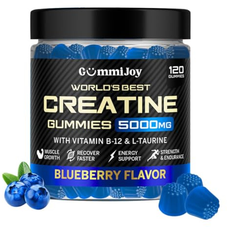 GummiJoy | Creatine Gummies 5000mg | 120 Max Strength Muscle Growth | Recovery Supplements for Men & Women | Creatine Monohydrate Plus B12 and L-Taurine | Blueberry Flavour | 1 Month Supply
