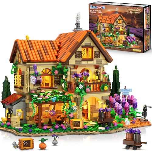 INSOON - Set di costruzioni in miniatura della casa di Lavender Manor con luci, 1960 pezzi, modello di costruzione della tenuta di lavanda, decorazione per la casa, romantico mazzo di fiori di lavanda