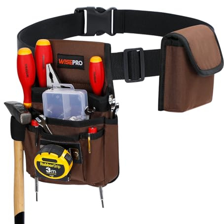 WISEPRO Tool Belt Bag, Waist Tool Pouch Set with Adjustable Nylon Belt, Multi-Pocket Tool Pouches 20-Pockets Tool Belt for Electrician, Carpenters, Gardeners, and Builders (Brown)