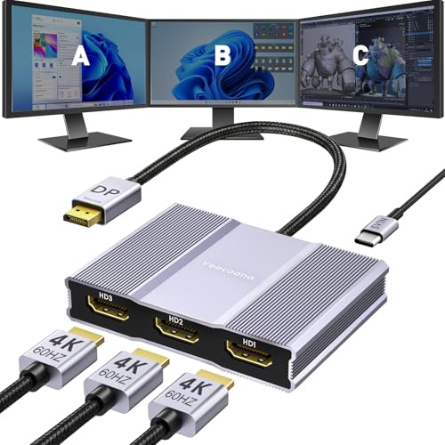 DisplayPort to HDMI Adapter 1 in 3 Out | 4K60Hz, DP Source to HDMI Splitter Extended Display port splitter for 3 monitors, MST Hub for Desktop,Laptop,NVIDIA, AMD Graphics Card - MACOS Not Support MST