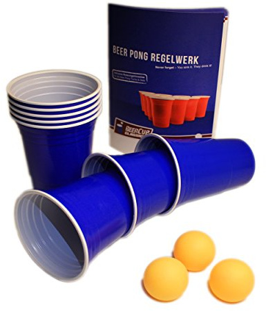 Blå mugg blå party öl pong koppar 473 ml blå med orangea bollar och ölpongregler, 100 st., 6 Bälle & Regelwerk