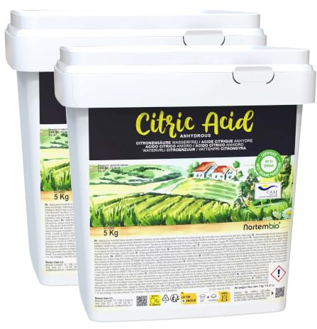Nortembio Ácido Cítrico 2 x 5 kg 100% Puro Anhidro en Polvo Descalcificador y Desincrustante Natural Antical para Limpieza de Baño, Cocina, Cafeteras y Hogar + Ebook Gratis