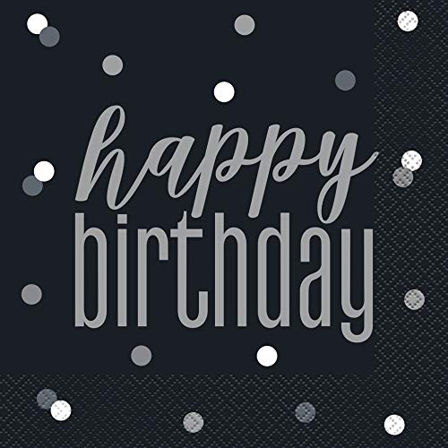 Elegant Glitz Black & Silver Happy Birthday Luncheon Napkins (16cm) - Chic & Sparkling Design - Perfect for Sophisticated Celebrations - 16ct