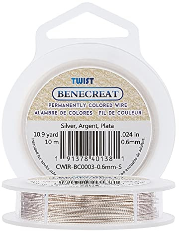 BENECREAT Fil de cuivre torsadé de Calibre 22/0.6mm de 10 mètres de Fil d'argent résistant à la ternissure pour la Fabrication de Bijoux artisanaux
