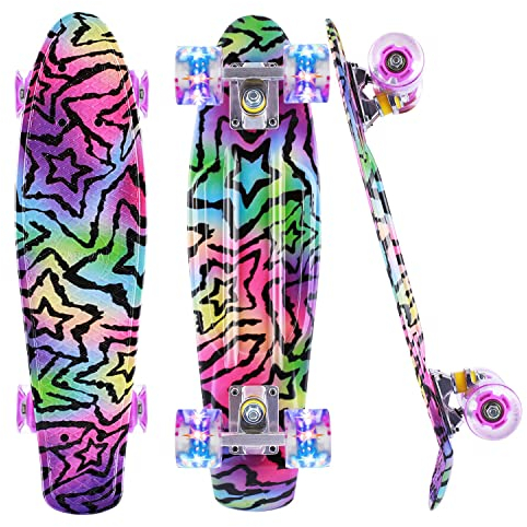 Caroma Skateboard Komplette 55 cm Mini Cruiser Skateboard für Kinder Jungen Mädchen Erwachsene, Retro-Skateboard, ABEC-7 Kugellager, LED-Blitzräder, für Anfänger