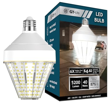 GT-Lite 5200 Lumen LED Corn Cob Light Bulb, 40-watt, 300-watt Equivalent, Daylight 5000K Light Color, E26 Base, Garage Light Bulb, Energy Saving LED Light for Indoor Outdoor Use. 1-Pack