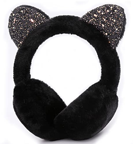 SEYUFN Ohrenschützer für Mädchen, Ohrwärmer aus weichem Plüsch, für Kinder, verstellbare Ohrenschützer, für den Außenbereich, warm, Winter(1A-Schwarz)