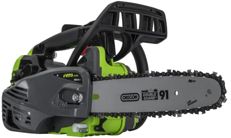 VITO kleine Einhand Kettensäge, Benzin-Kettensäge mit 25 cm Schwertlänge, 2-Takt-Motor, Oregon-Kette, Walbro-Vergaser, Schutzsystem, automatischer Bremse & ergonomischem Griff
