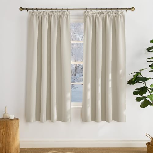 Pony Dance Opaque Bedroom Curtains - 2 Pieces, H 160 x W 140 cm Blackout Curtains With Ruffle Tape, Thermal Protection, Light Beige