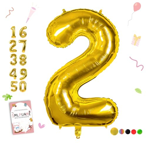 Smlpuame Gold Number 2 Balloons, 40 Inch Large Foil Balloon 0-9 Helium Digital Balloons, Self Inflating Number Balloon for 2nd Birthday Party Celebration Decorations Supplies Wedding Anniversary