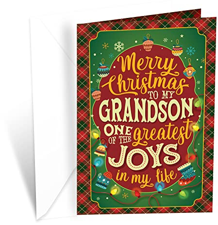 Prime Greetings Christmas Card For Grandson, Made in America, Eco-Friendly, Thick Card Stock with Premium Envelope 5in x 7.75in, Packaged in Protective Mailer