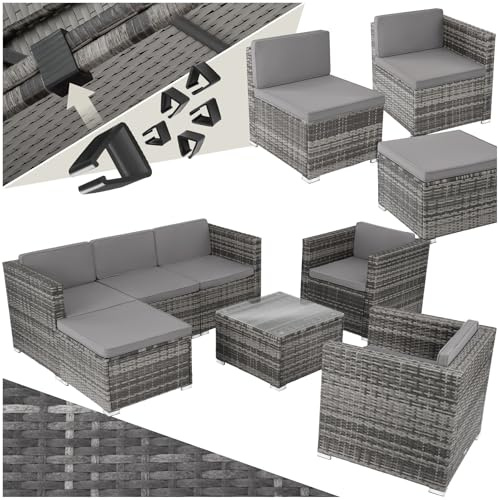 tectake® Ensemble Salon de Jardin Exterieur en Poly Rotin Modulable 7 Places 6 Fauteuil Salon 1 Tabouret Pouf et 1 Table de Jardin, Coussins Inclus, Mobilier de Jardin pour Amenagement Balcon
