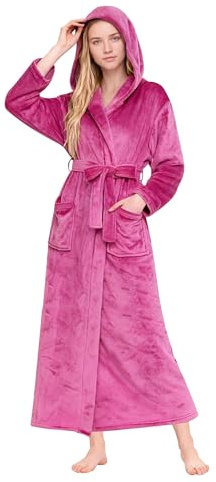 HEARTNICE Womens Long Hooded Robe, Soft Warm Fleece Bathrobes Full Length Plush House Coat (Rose,L/XL)