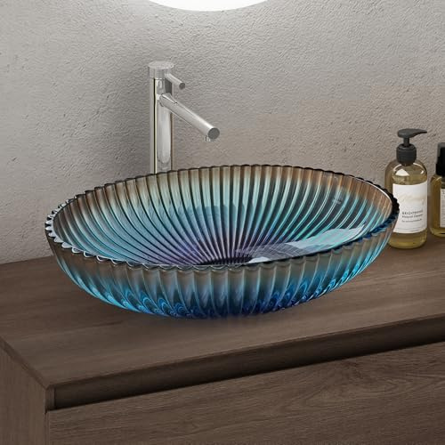 doporro Lavabo da Appoggio in Vetro Temperato Lavandino Bagno Ovale 50,5 x 35 x 14,5 cm Blu Lavello Design Artistico con Texture per WC Ospiti Minerva04