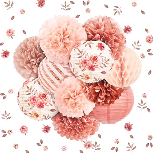 NICROLANDEE Roségold Hochzeit Partydekorationen, 12 Stück Papierlaternen Seidenpompons Konfetti Deko für Brautparty Valentinstag Party, Rosa Mädchen Geburtstagsparty Dekoration