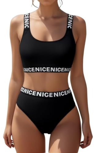 Maillot de bain deux pièces pour femme Push Up de sport taille haute avec rembourrage, Noir , 34