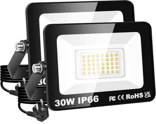 PICAA Projecteur LED 30W, étanche IP66, éclairage de sécurité 3000 lm, applique murale extérieure blanc chaud 3000K pour jardin, cour, garage, terrasse, entrepôt, avec prise UE (2 pièce)