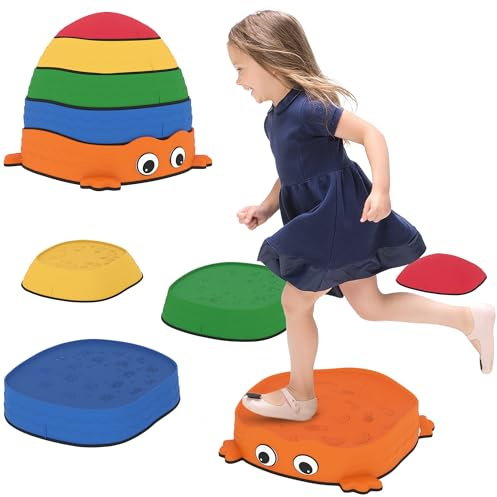 AIYAPLAY 5PCS Balance Stepping Stones, Frog-Shaped Sensory Stepping Stones for Toddlers, Anti-Slip Edging, Stackable Design, Indoor Outdoor Obstacle Course for Kids Ages 2-8, Multicoloured