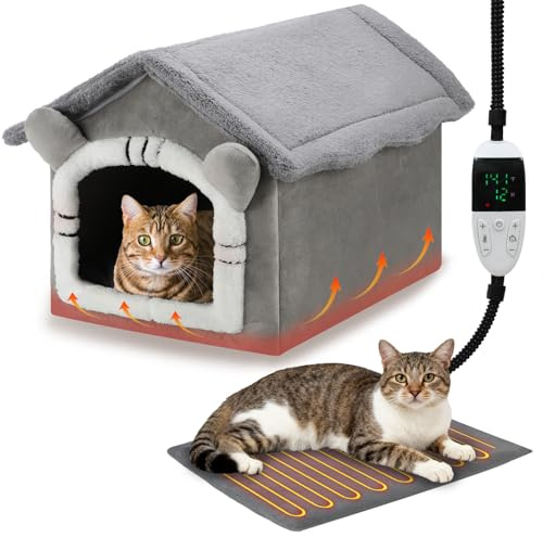 FHTONGE Heated Cat Bed House with Timer Temp Adjustment, Thermal Enclosed Kitten Beds Hideaway Machine Washable, Self-Warming Cozy Pet Nest Covered Beds Cave for Indoor Kitten Old Cat Puppy Small Dog
