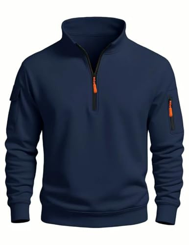MakingDa Men’s 1/4 Zip Sweatshirts Long Sleeve Pullover Fleece Sweater Stand Collar Pocket Jumpers Casual Cuff Solid Regular Fit Top Shirt Navy Blue M
