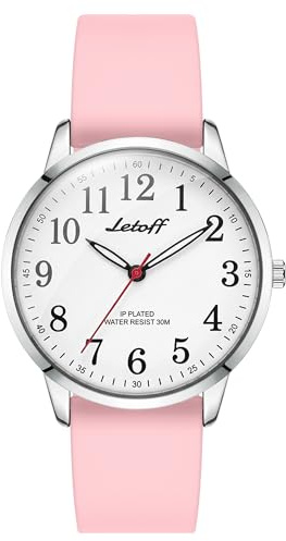 Letoff Classic Analog Watch, White Dial with Pink Silicone Band