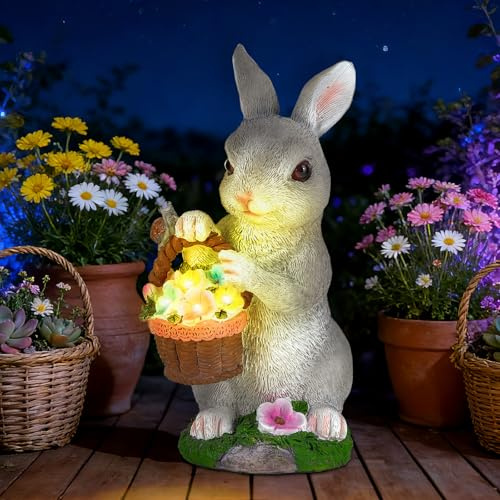 Cuteefun Figuras Solares Exterior Jardin, Estatua Conejo Cesta Floral, Gris