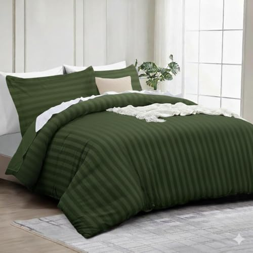 KNIGHTS BRIDGE Premium Hotel Quality Reversible Satin Stripes Duvet Cover with 2 Pillowcases, Soft Brushed Microfiber Quilt Bedding set (Green, Single)