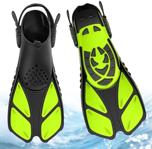Snorkelfenor för vuxna, unisex, justerbara snorkelfenor med öppen häl, korta fenor för vuxna för simning, snorkling och vattenfitness (gulgrön, S/M: 37–41)