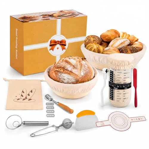 Kit de Iniciador de Masa Madre de 16 Piezas - Set de Cestos de Fermentación Redondos y Ovalados para Hornear Pan - Set Completo para Hornear Pan con Frasco de Masa Madre y Bolsa para Pan