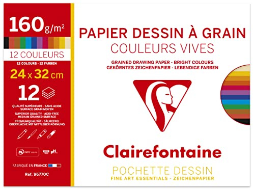 Clairefontaine - Ref 96770C - Grained Drawing Paper (Pack of 12 Sheets) - 24 x 32cm Size, 160gsm Paper, Acid Free - Light Grain Side & Heavy Grain Side - Assorted Bright Colours